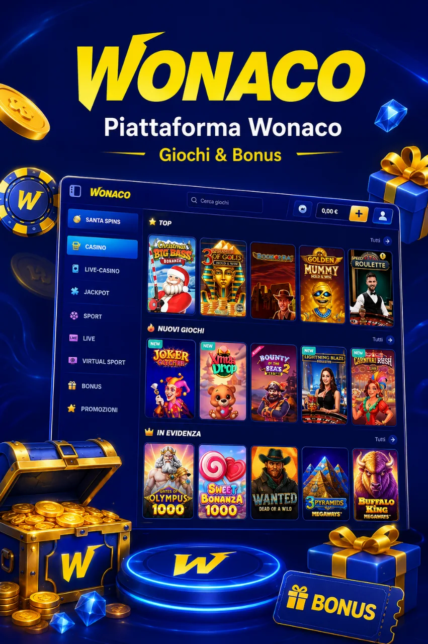 Schermata piattaforma Wonaco con giochi e bonus